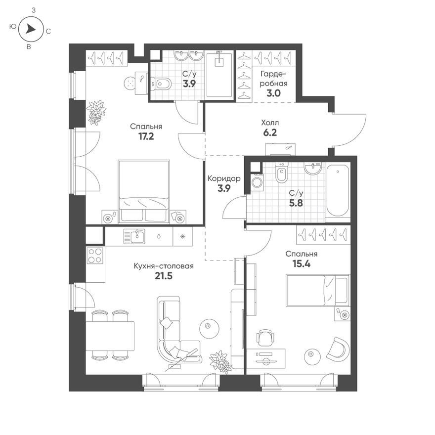 2к. квартира, 76.9 м²