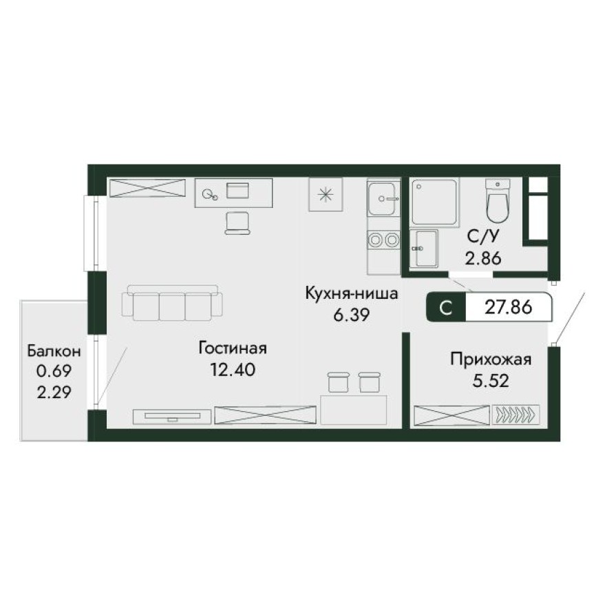 Студия-квартира, 27.9 м²