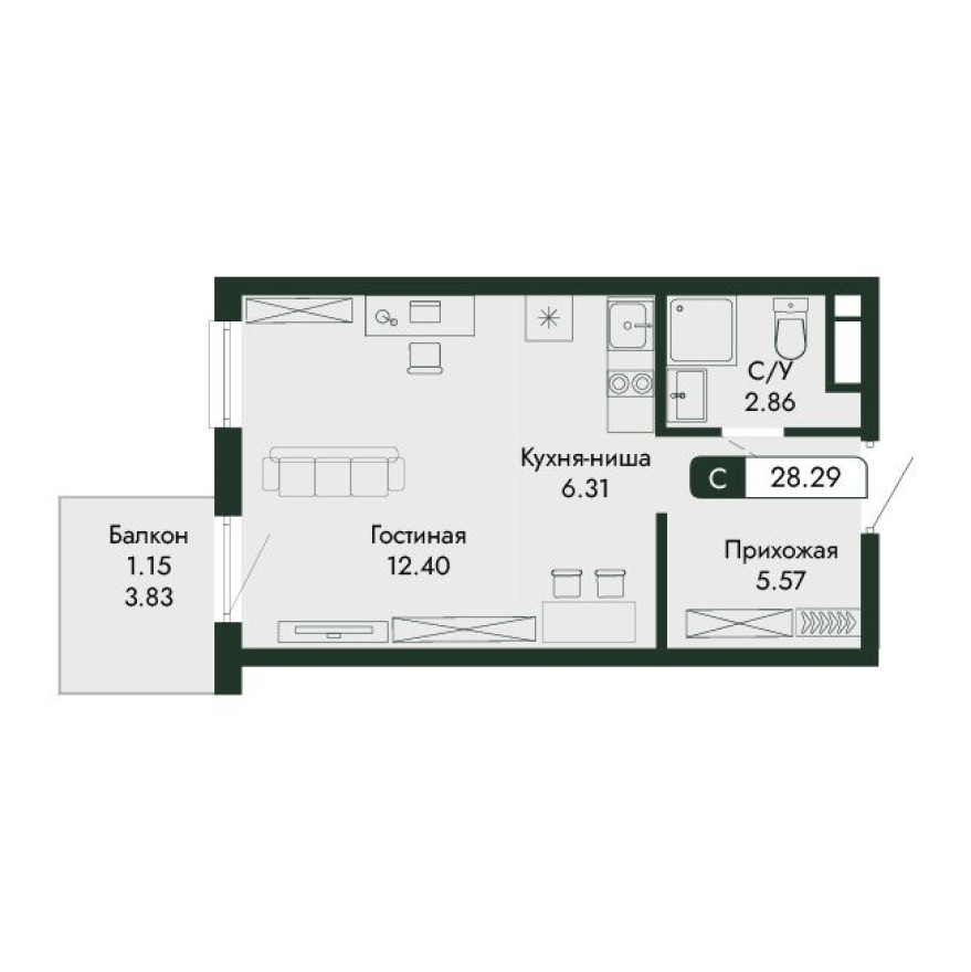 Студия-квартира, 28.3 м²