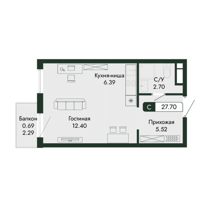 Студия-квартира, 27.7 м²