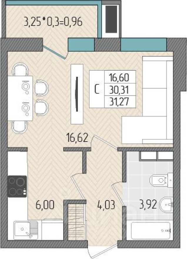 1к. квартира, 31.3 м²
