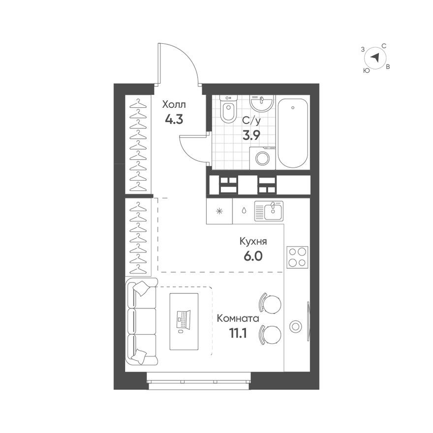 Студия-квартира, 25.3 м²