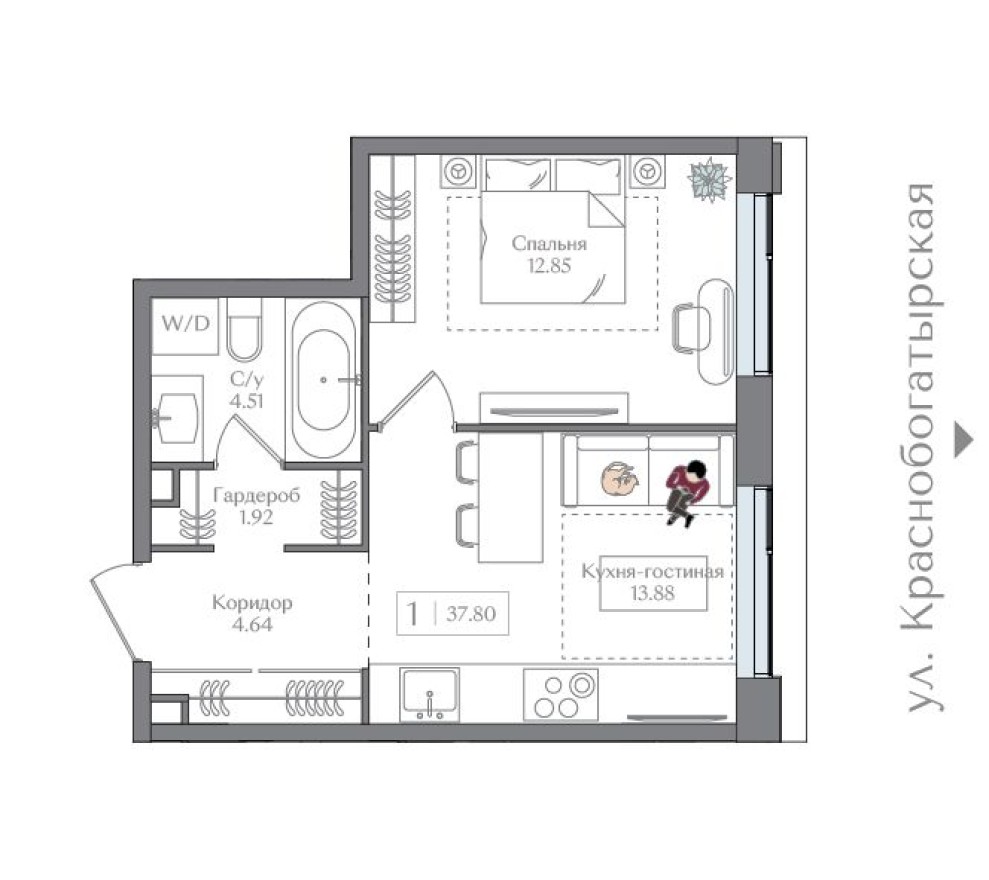 1к. квартира, 37.8 м²