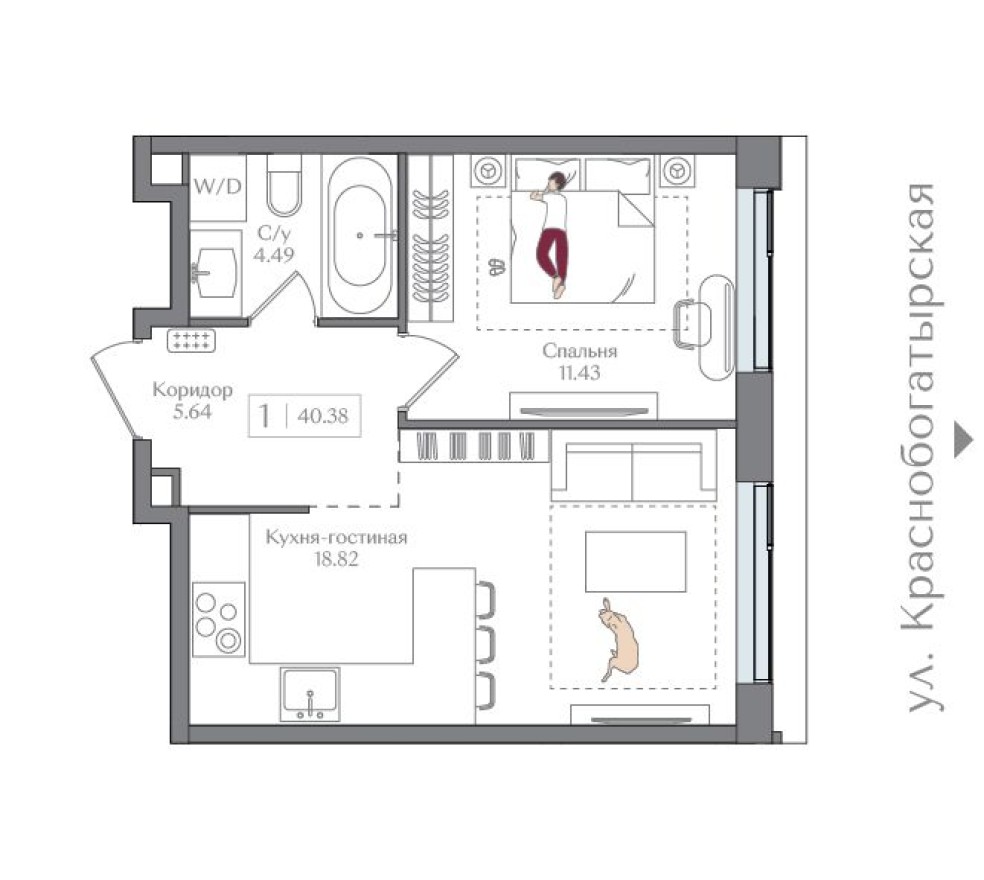 1к. квартира, 40.4 м²