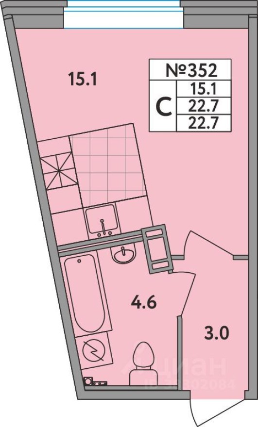 1к. квартира, 22.7 м²
