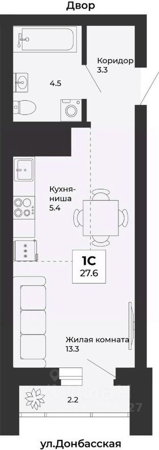 1к. квартира, 27.6 м²