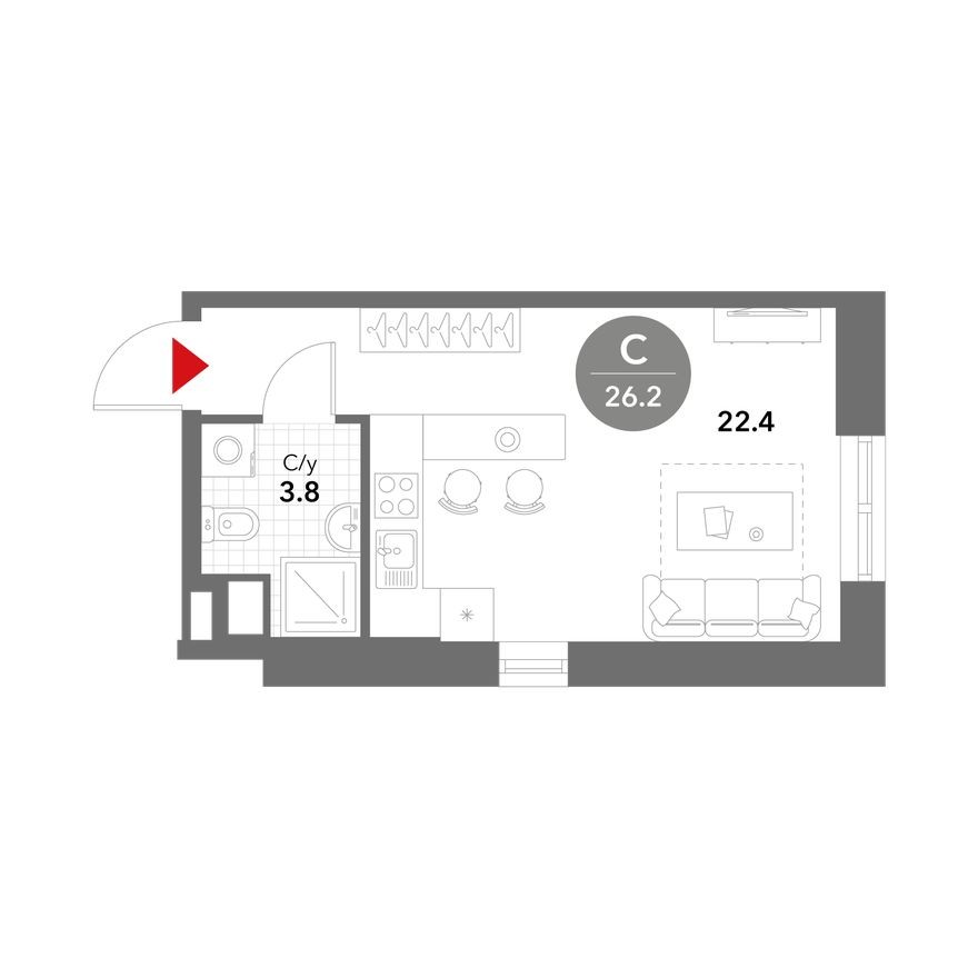 Студия-квартира, 26.2 м²