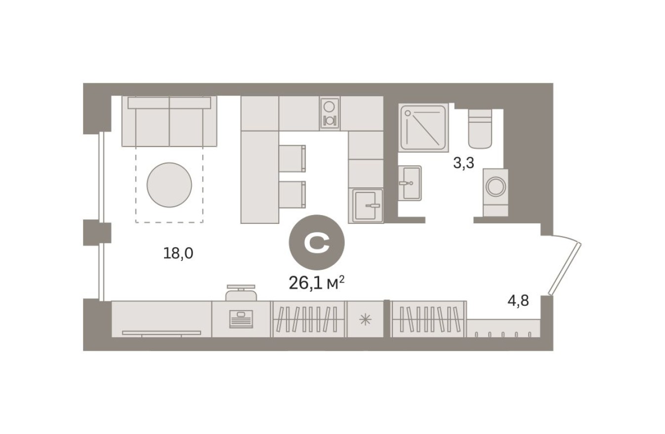 Студия-квартира, 26.1 м²