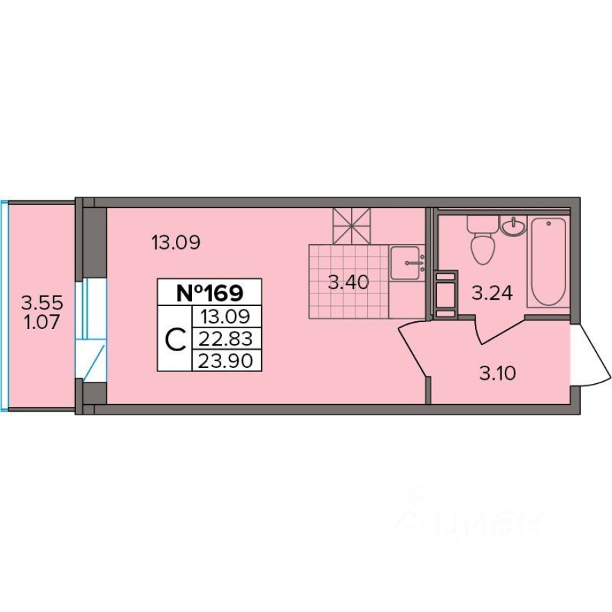 1к. квартира, 23.9 м²