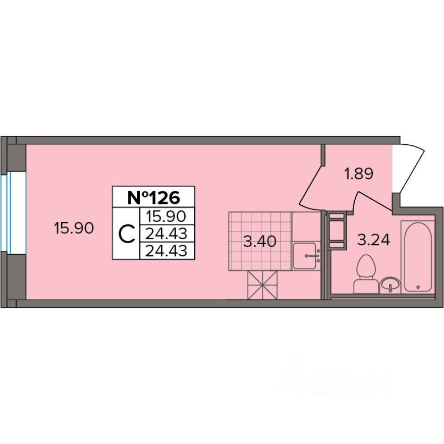 1к. квартира, 24.4 м²
