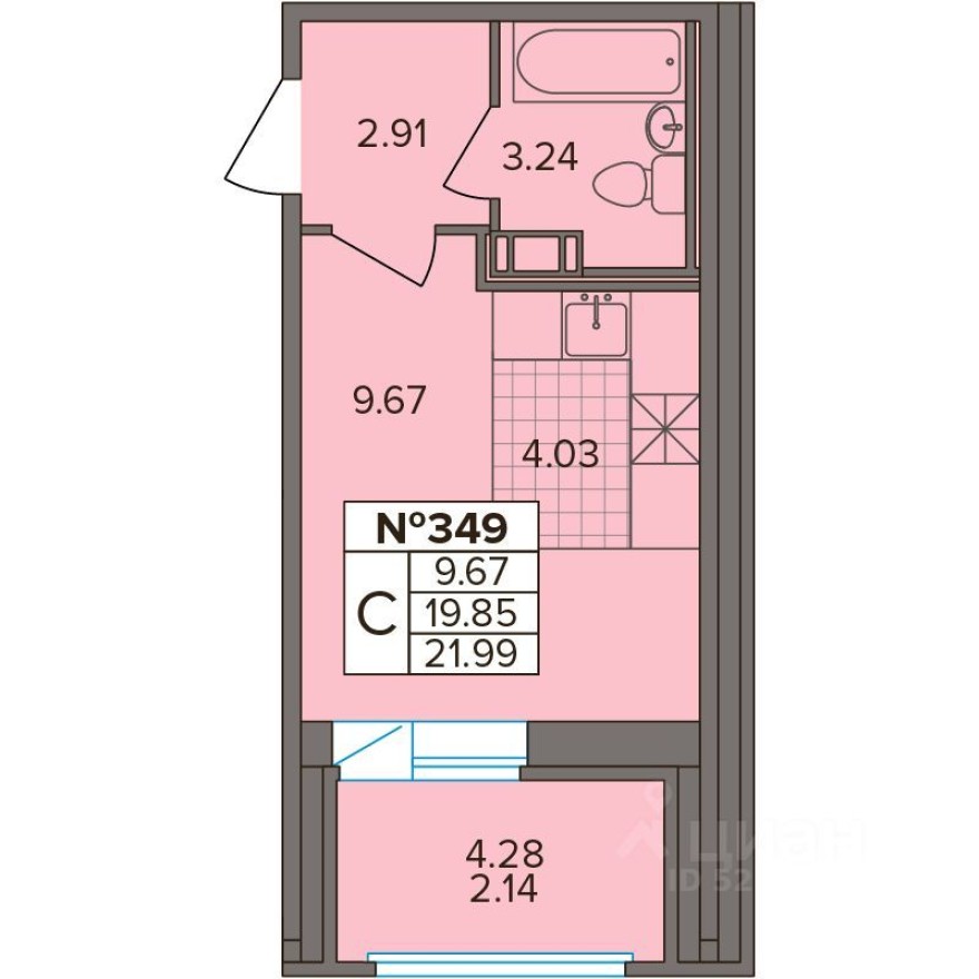1к. квартира, 22.0 м²