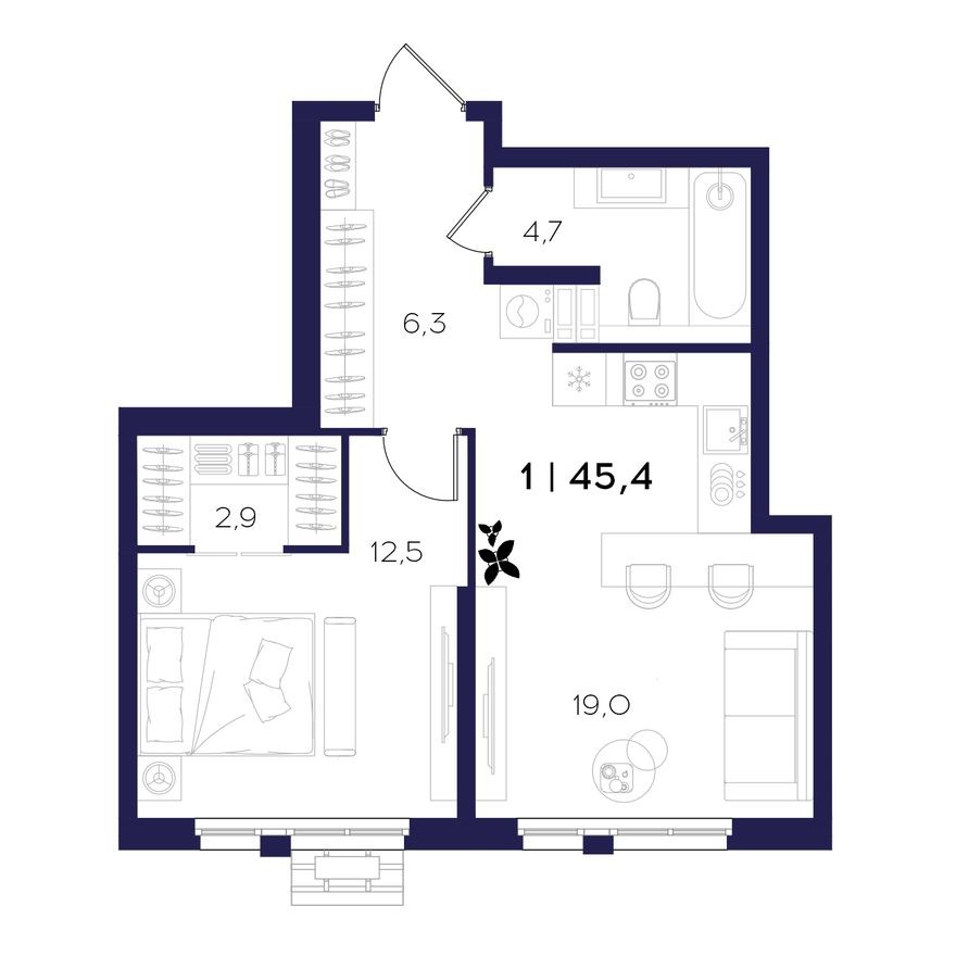 1к. квартира, 45.4 м²