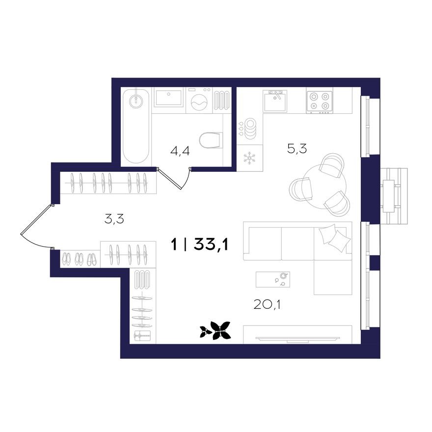 1к. квартира, 33.1 м²