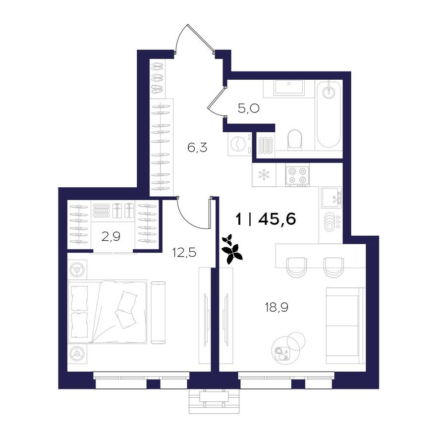 1к. квартира, 45.6 м²