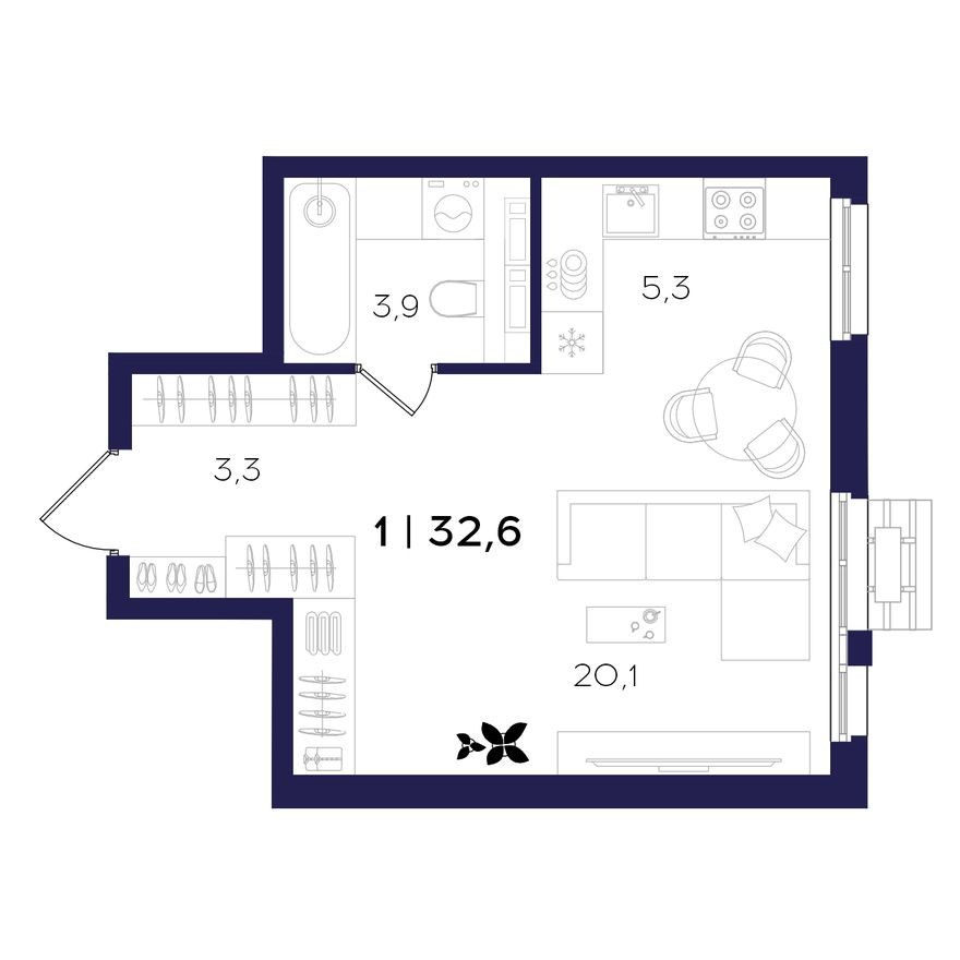 1к. квартира, 32.6 м²