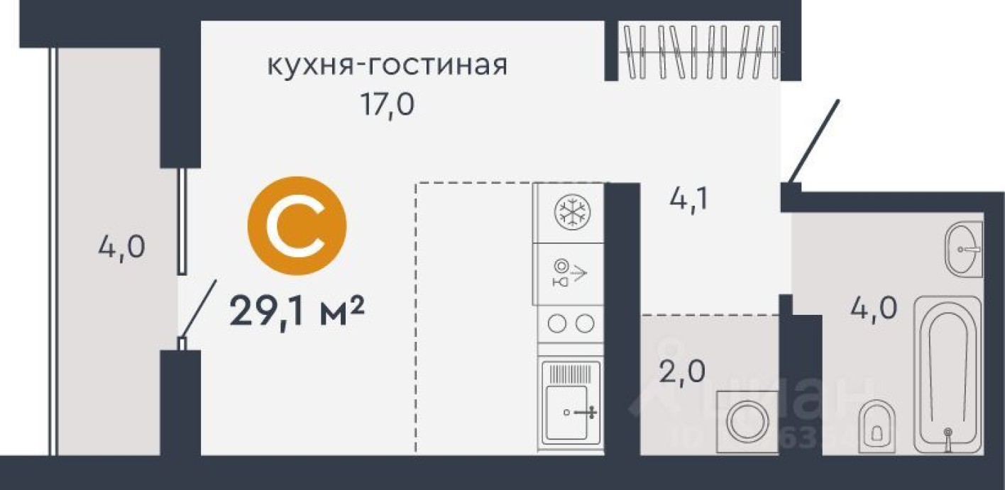 1к. квартира, 29.1 м²