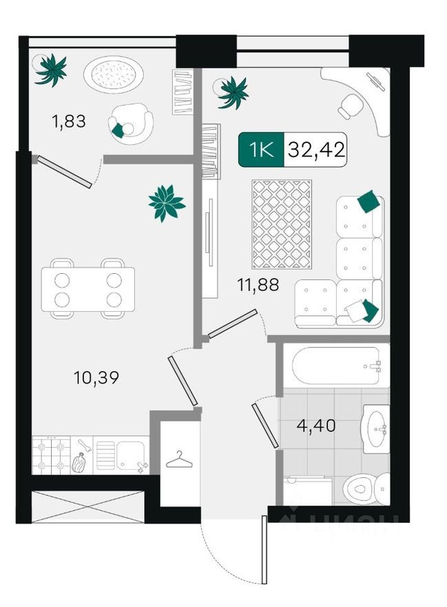 1к. квартира, 32.4 м²