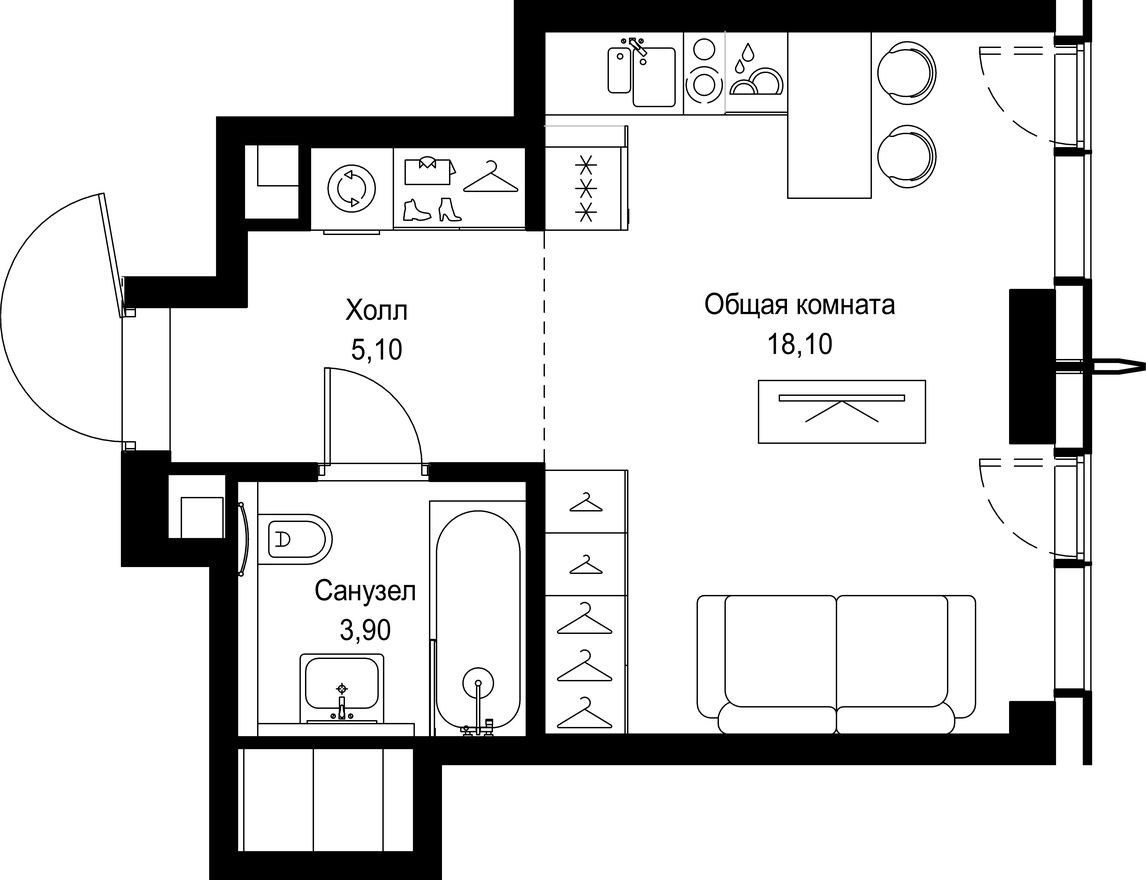 Студия-квартира, 27.1 м²