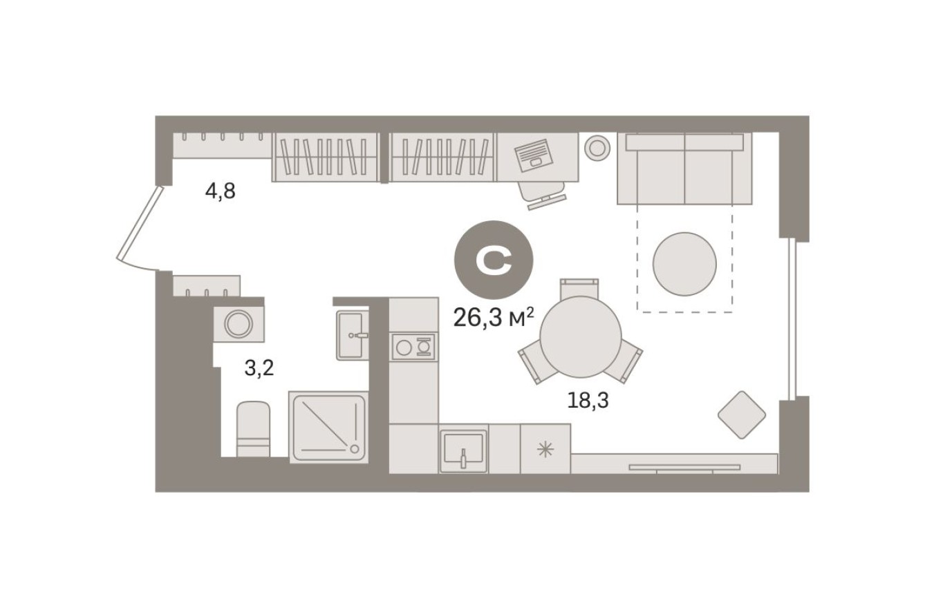 Студия-квартира, 26.3 м²