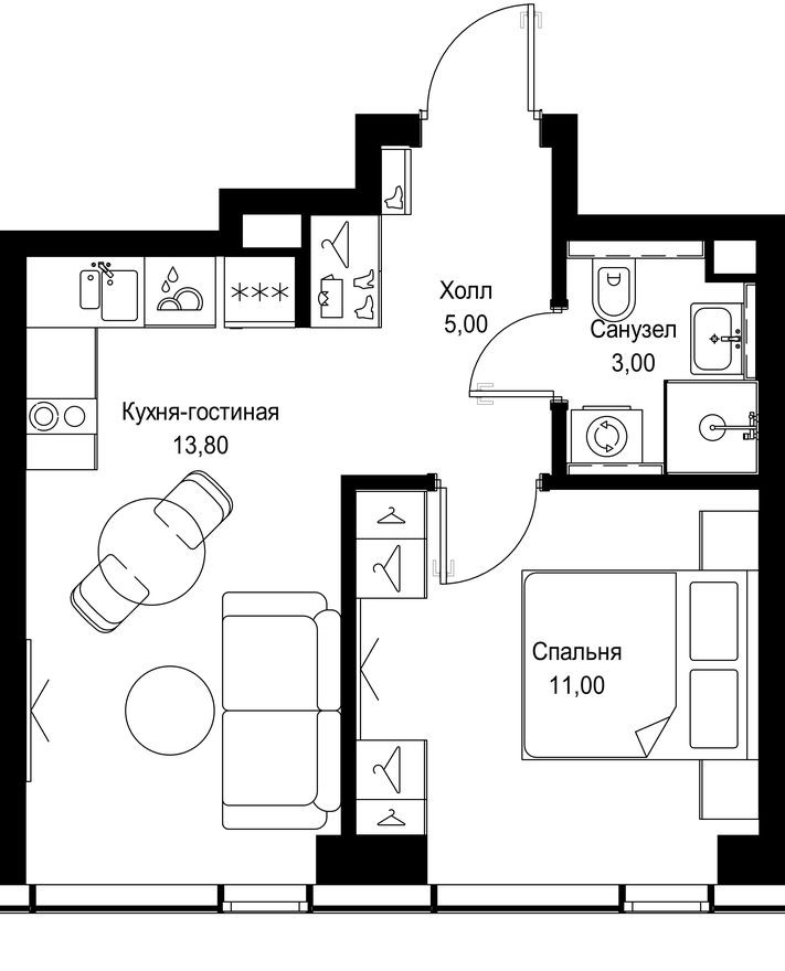 1к. квартира, 32.8 м²