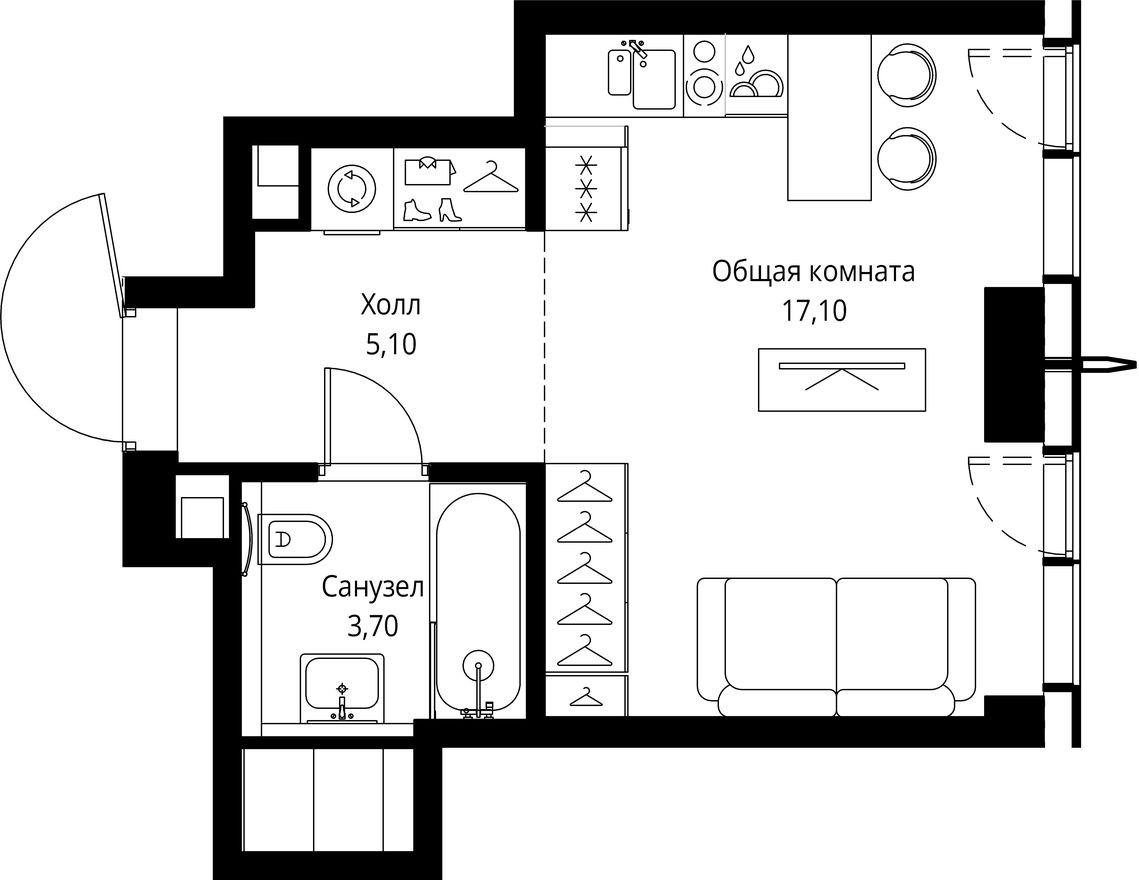 Студия-квартира, 25.9 м²