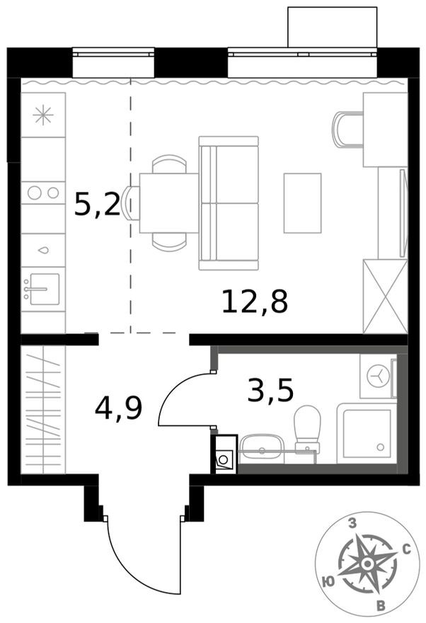 Студия-квартира, 26.4 м²