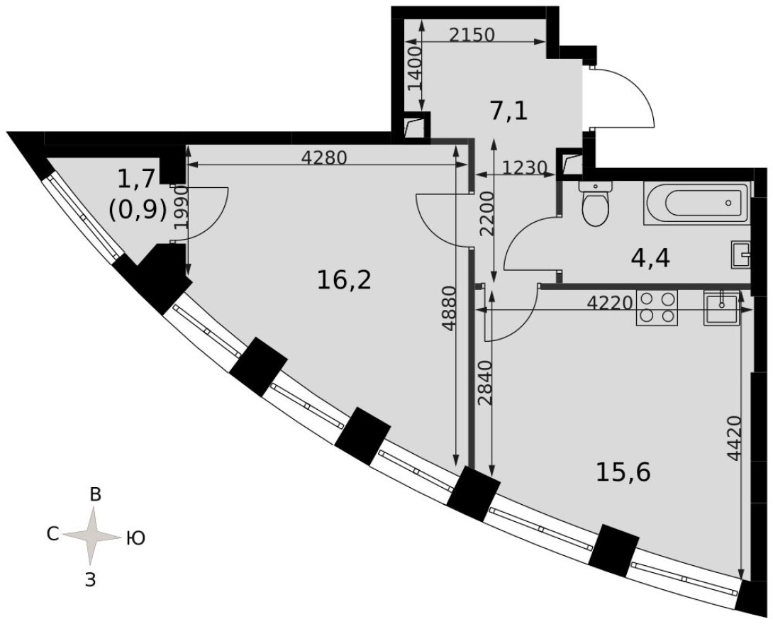 1к. квартира, 43.8 м²
