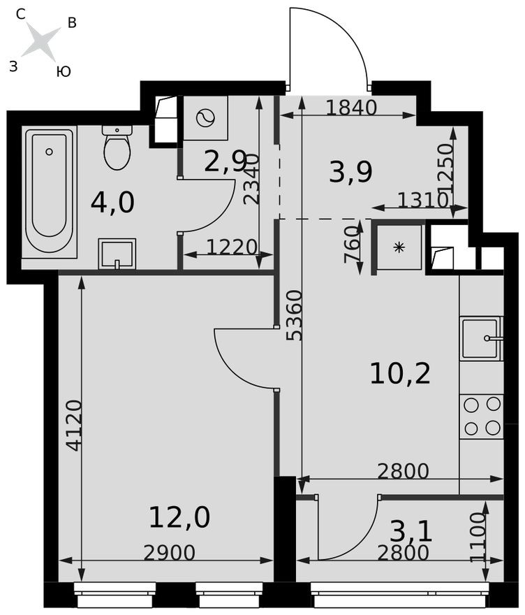 1к. квартира, 36.1 м²