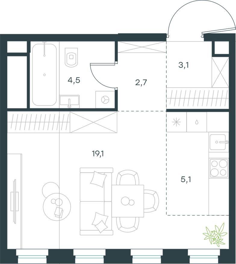 1к. квартира, 34.5 м²