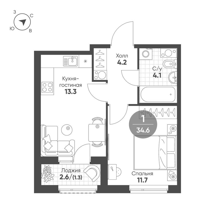 1к. квартира, 34.6 м²