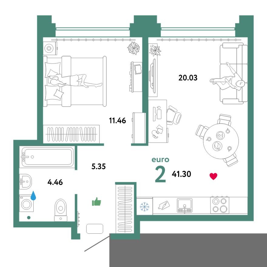 2е квартира, 41.3 м²