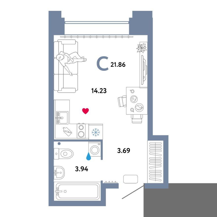 Студия-квартира, 21.6 м²