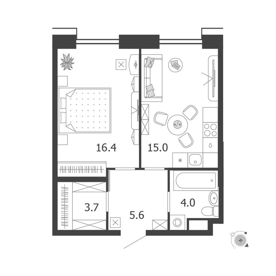 1к. квартира, 44.7 м²