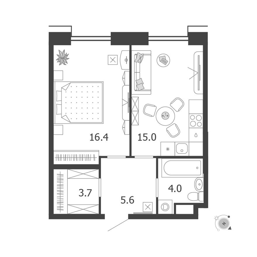 1к. квартира, 44.7 м²