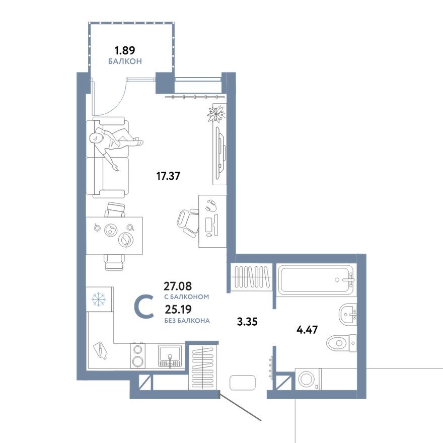 Студия-квартира, 27.1 м²