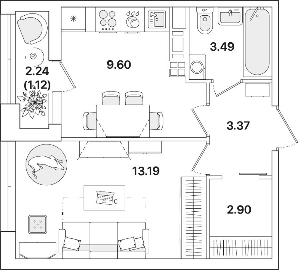 1к. квартира, 33.7 м²