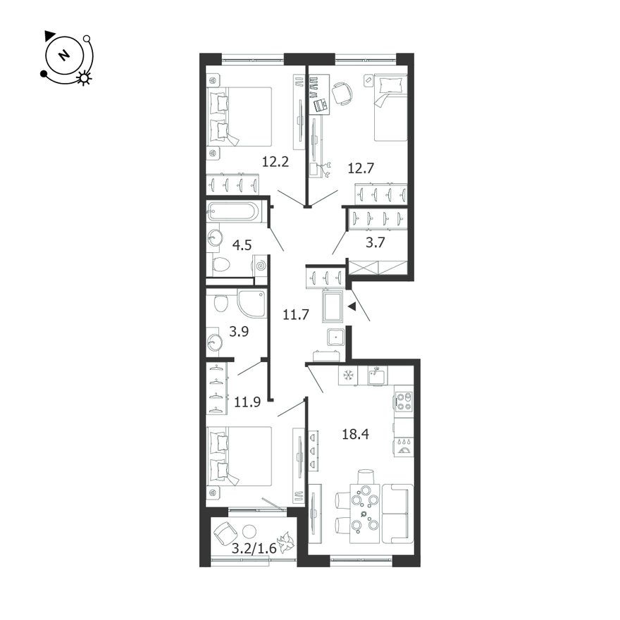 3к. квартира, 80.5 м²