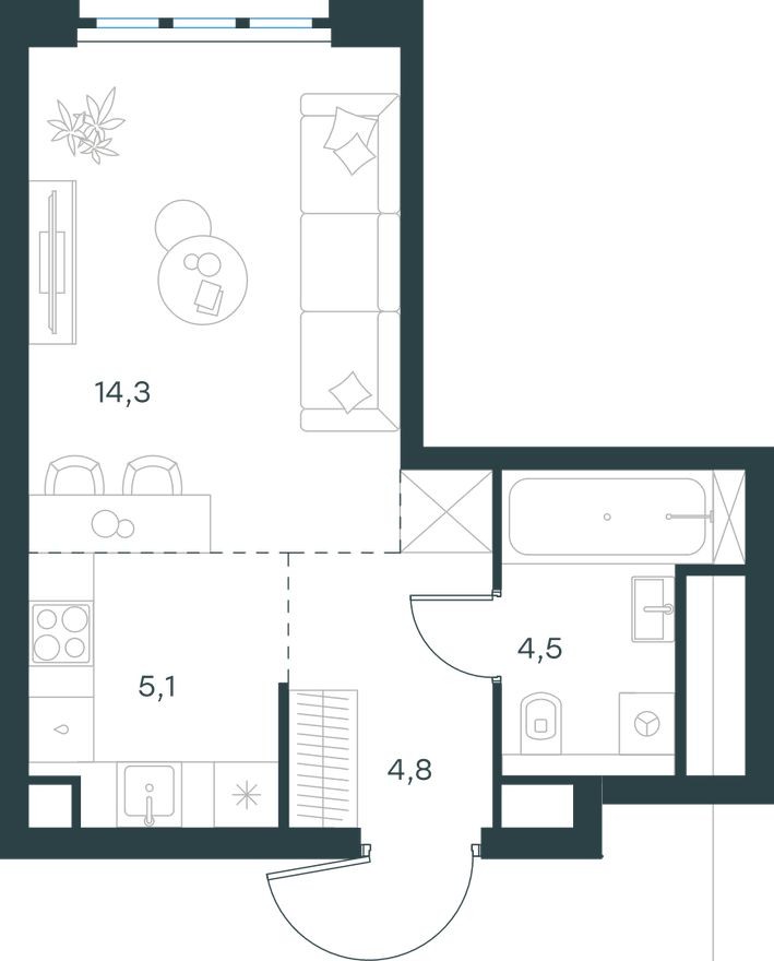 Студия-квартира, 28.7 м²
