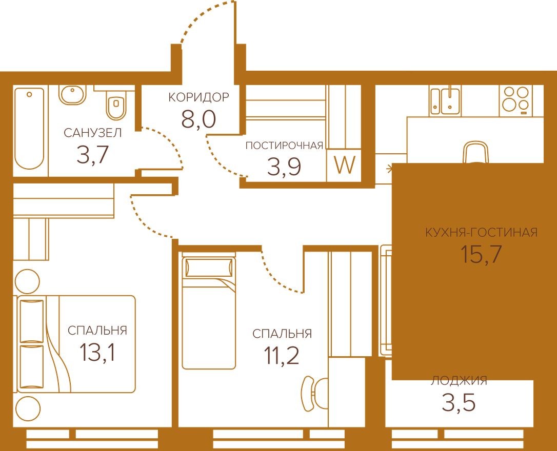 2к. квартира, 57.6 м²