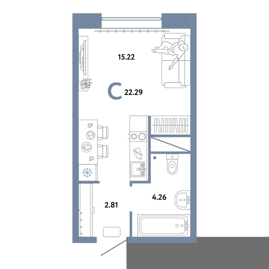 Студия-квартира, 22.3 м²