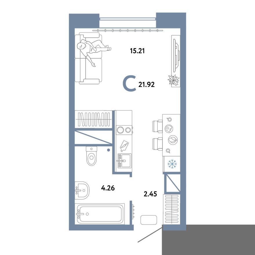 Студия-квартира, 21.9 м²