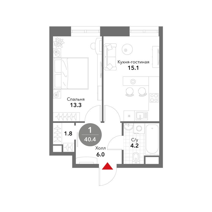 1к. квартира, 40.4 м²