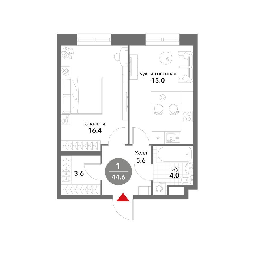 1к. квартира, 44.7 м²