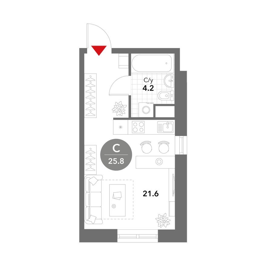Студия-квартира, 25.8 м²