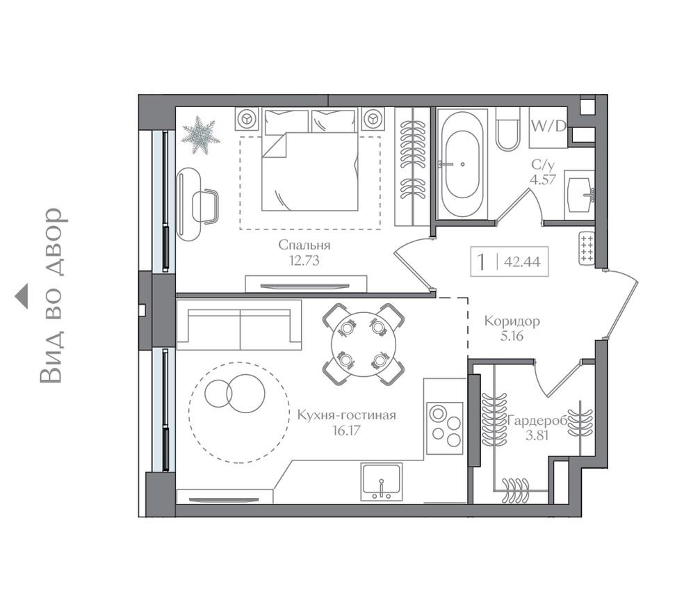 1к. квартира, 42.4 м²