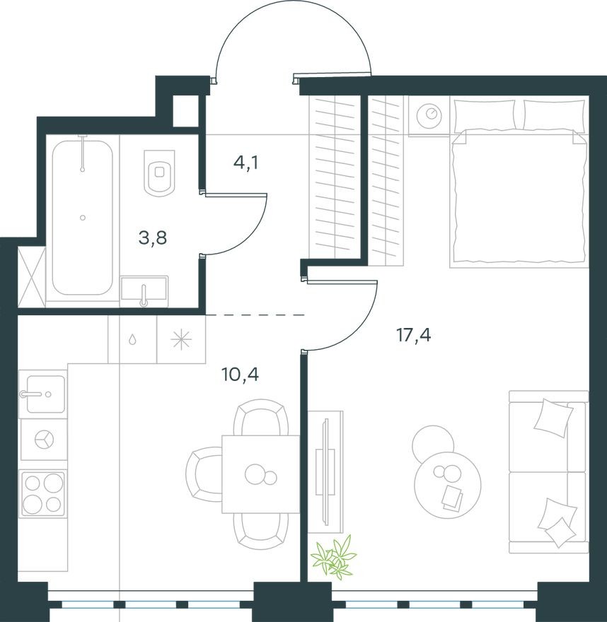 1к. квартира, 35.7 м²