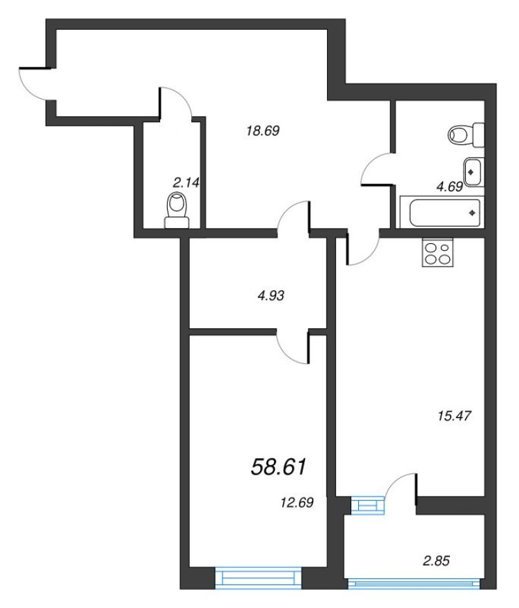 2е квартира, 61.5 м²