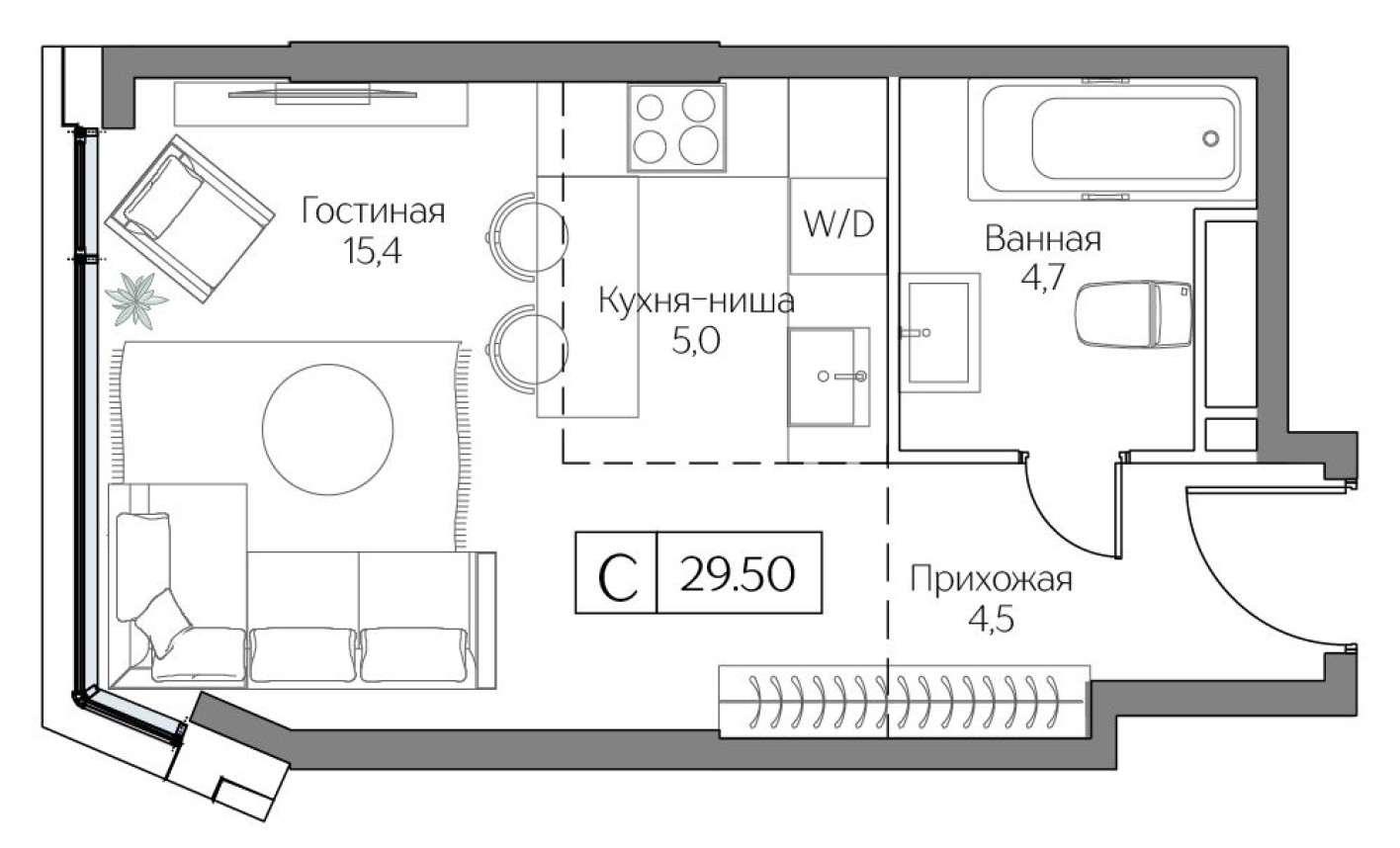 Планировка — Студия-квартира, 29.0 м²