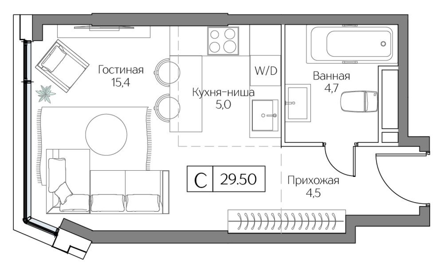 Студия-квартира, 29.0 м²