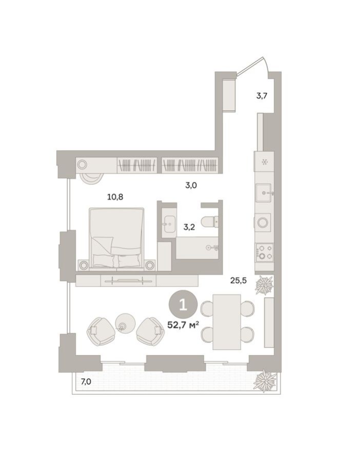 1к. квартира, 52.7 м²